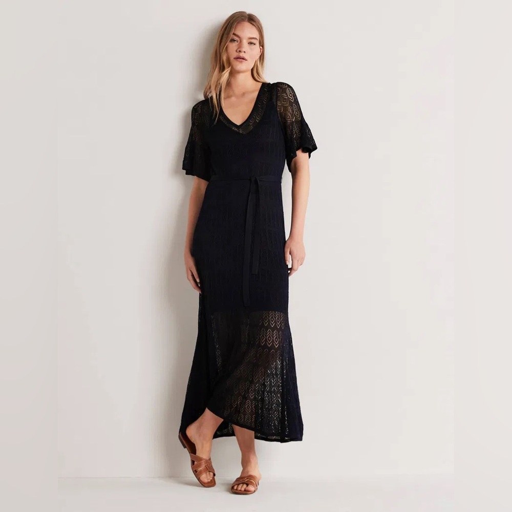 Boden Pointelle Knitted Midi Dress With Slip Navy 14